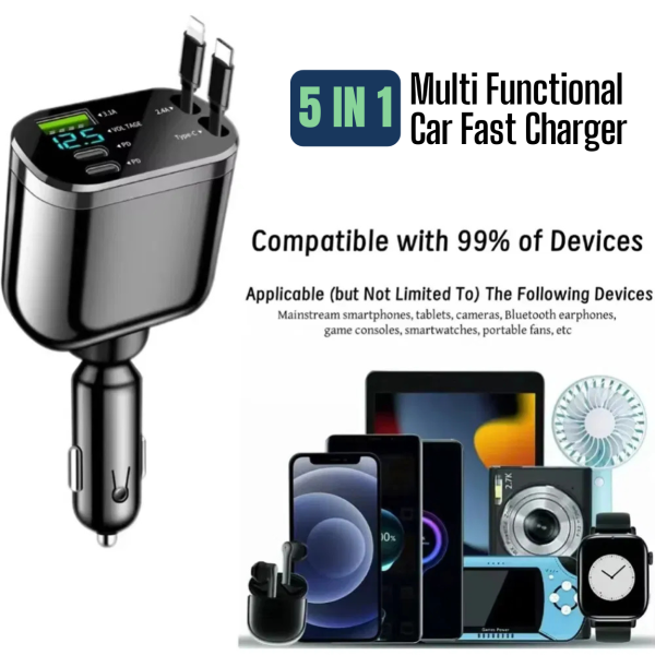 5 in 1 Car Fast Charger 120W  With Fast Charging with Cable | PD QC Fast Car Charger in Bangladesh